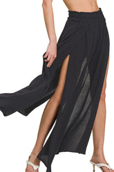 Zenana Woven Crinkle Gauze Long Skirts BLACK OutfitFlow