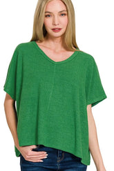 Zenana Ribbed V-Neck Short-Sleeve Knit Top K GREEN OutfitFlow