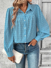 Full Size Swiss Dot Collared Neck Long Sleeve Shirt Sky Blue OutfitFlow