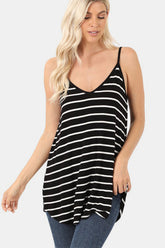 Zenana Striped V-Neck Curved Hem Cami BLACK IVORY OutfitFlow