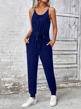 Scoop Neck Tie Waist Jumpsuit Dark Blue OutfitFlow