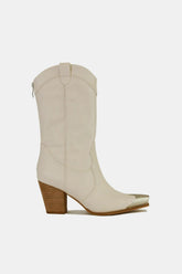 Beast Fashion Metal-Toe Block Heel Ankle Boots Ivory OutfitFlow