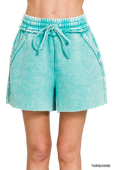 Zenana Acid Wash Fleece Drawstring Shorts With Pockets TURQUOISE OutfitFlow