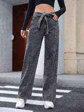 Tied Straight Leg Jeans with Pockets Dark Gray OutfitFlow