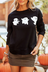 Ghost Round Neck Long Sleeve Sweatshirt Black OutfitFlow