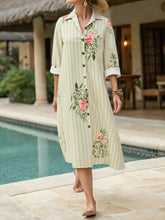 Plus Size Floral Striped Button-Down Midi Shirt Dress Cream Trendsi