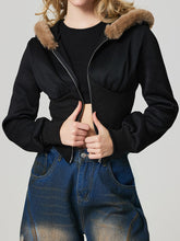 Zip Up Long Sleeve Fuzzy Hem Hooded Jacket Black OutfitFlow