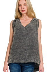 Zenana Double Gauze Raw Edge Acid Washed Tank ASH BLACK OutfitFlow