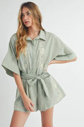 MABLE Embroidered Button Down Collared Neck Romper Dusty Sage OutfitFlow