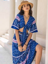 Printed Flutter Sleeve Top and Skirt Set Dark Blue OutfitFlow