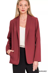 Zenana Woven Long Sleeve Blazer With Lining BURGUNDY OutfitFlow