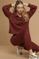 Umgee Exposed Seam Long Sleeve Polo Top with Side Slit MAHOGANY OutfitFlow
