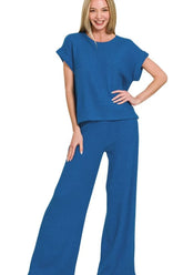Zenana Rolled Sleeve Top and Pants Sweater Set CLASSIC BLUE OutfitFlow
