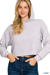 Zenana Drop Shoulder Ribbed Crop Hoodie H GREY OutfitFlow
