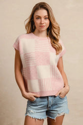 BiBi Checker With Stripes Pattern Sleeveless Sweater BLUSH IVORY OutfitFlow