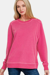 Zenana Full Size Pigment Dyed French Terry Sweatshirt Hot Pink OutfitFlow