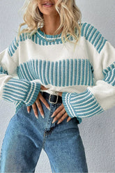 Two Tone Striped Patchwork Drop Shoulder Loose Sweater Pastel Blue OutfitFlow