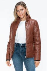 Snobbish Pocketed Zip Up Turtleneck Puffer Jacket Brandy OutfitFlow