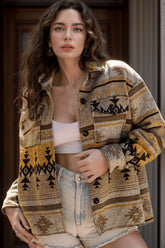 Pocketed Geometric Collared Neck Jacket Camel OutfitFlow