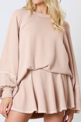 Texture Round Neck Long Sleeve Top and Skirt Set Apricot OutfitFlow