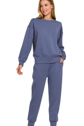 Zenana Scuba Crewneck Pullover & Joggers 2 Pieces Set BLUE INDIGO OutfitFlow