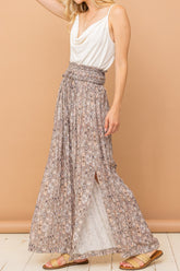 And The Why Printed Smocked Waist Slit Wide Leg Pants Grey OutfitFlow