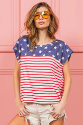 BiBi Star Rpinted with Stripe Combo Top NAVY STAR RED STRIPE OutfitFlow