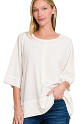 Zenana Ribbed Boat Neck 3/4 Sleeve Top OFF WHITE OutfitFlow