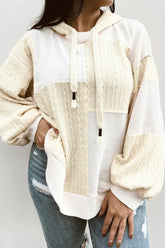 Plus Size Drawstring Color Block Long Sleeve Hoodie Ivory OutfitFlow