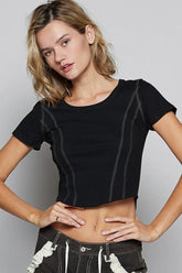 POL Contrast Stitching Round Neck Crop T-Shirt Black OutfitFlow