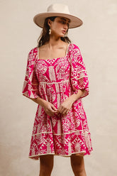 BiBi Aztec Woven Printed Contrast Binding Dress FUCHSIA OutfitFlow