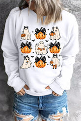 Pumpkin & Ghost Round Neck Long Sleeve Sweatshirt White OutfitFlow