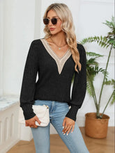 V-Neck Long Sleeve Blouse Black OutfitFlow