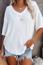 Exposed Seam Half Sleeve Knitted V Neck Textured Top White OutfitFlow