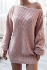 Boat Neck Long Sleeve Mini Sweater Dress Blush Pink OutfitFlow