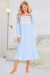 Lace Detail Square Neck Flounce Sleeve Night Dress Pastel Blue OutfitFlow