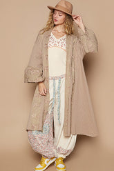 POL Flower Lace Trim Open Front Longline Cardigan Khaki OutfitFlow