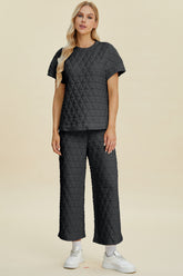 Double Take Full Size Texture Round Neck Short Sleeve Top and Pants Set Black OutfitFlow