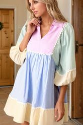 Striped Patchwork Ric Rac Puff Sleeve Collared Mini Dress Multicolor OutfitFlow