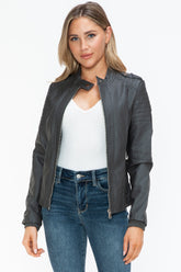 Snobbish PU Leather Biker Jacket with Side Zip Pockets Charcoal OutfitFlow