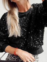 Sequin Round Neck Long Sleeve Blouse Black OutfitFlow