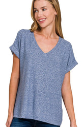 Zenana Soft Melange Hacci V-neck Tee LT NAVY OutfitFlow