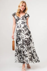 And The Why Ruffled Sleeve Tiered Floral Print Maxi Dress BLACK CREAM OutfitFlow