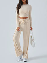 Round Neck Long Sleeve Top and Pants Set Apricot OutfitFlow