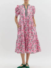 Floral Puff Sleeve Midi Dress with Contrast Trim Pink OutfitFlow
