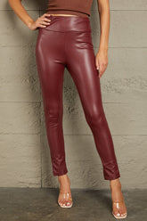 Ivy Lane PU High Waist Straight Pants Burgundy OutfitFlow