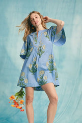 Umgee Tropical Print Bell Sleeve Mini Dress Light Blue OutfitFlow