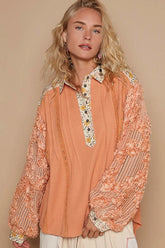 POL Floral Half Button Lace Detail Long Sleeve Top Sherbet OutfitFlow