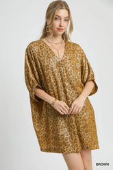 Umgee Metallic Leopard Print V-Neck Kimono Dress Brown OutfitFlow