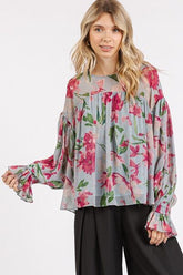 Mittoshop Floral Round Neck Flounce Sleeve Blouse Light Blue OutfitFlow
